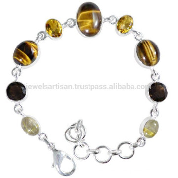 Rutileted Quartz Tiger Eye Citrine & Smoky Quartz with 925 Silver Chain Bracelet for All Time Wear